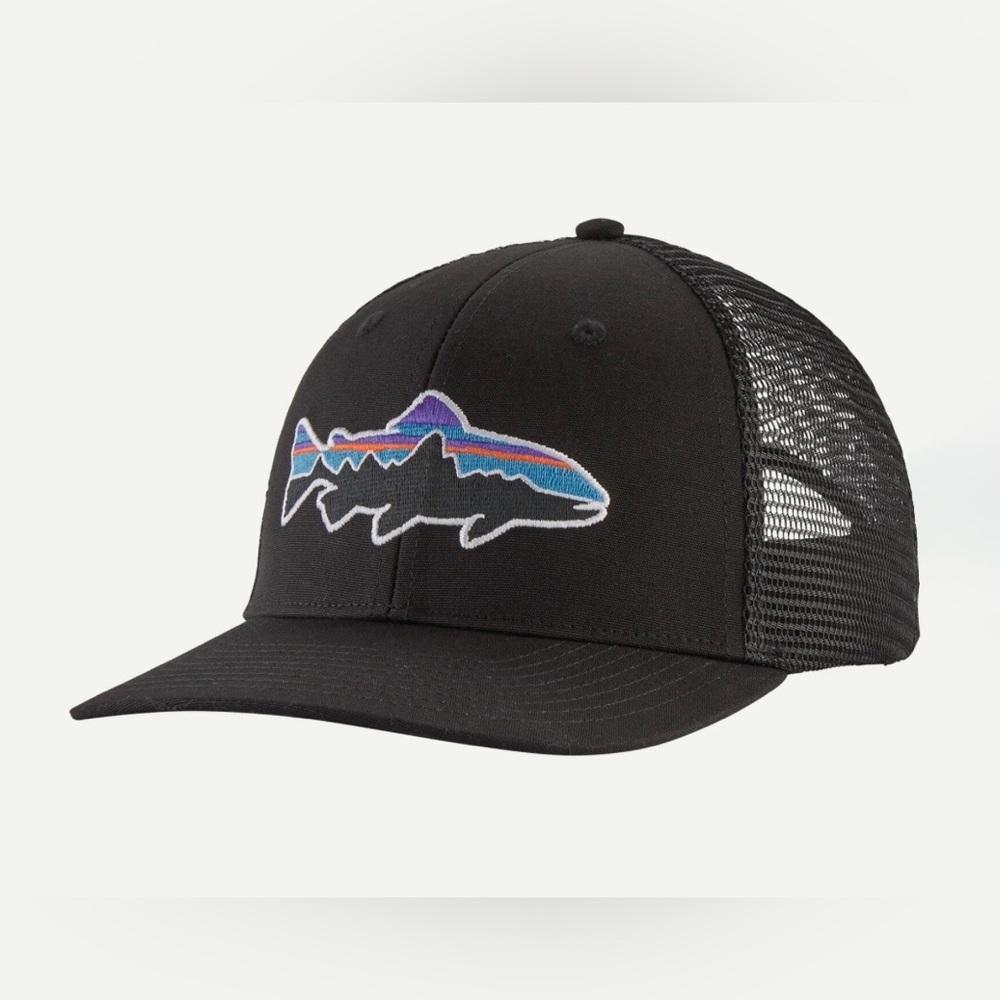 Patagonia Black Trucker Hat with Multicolor Fish Patch